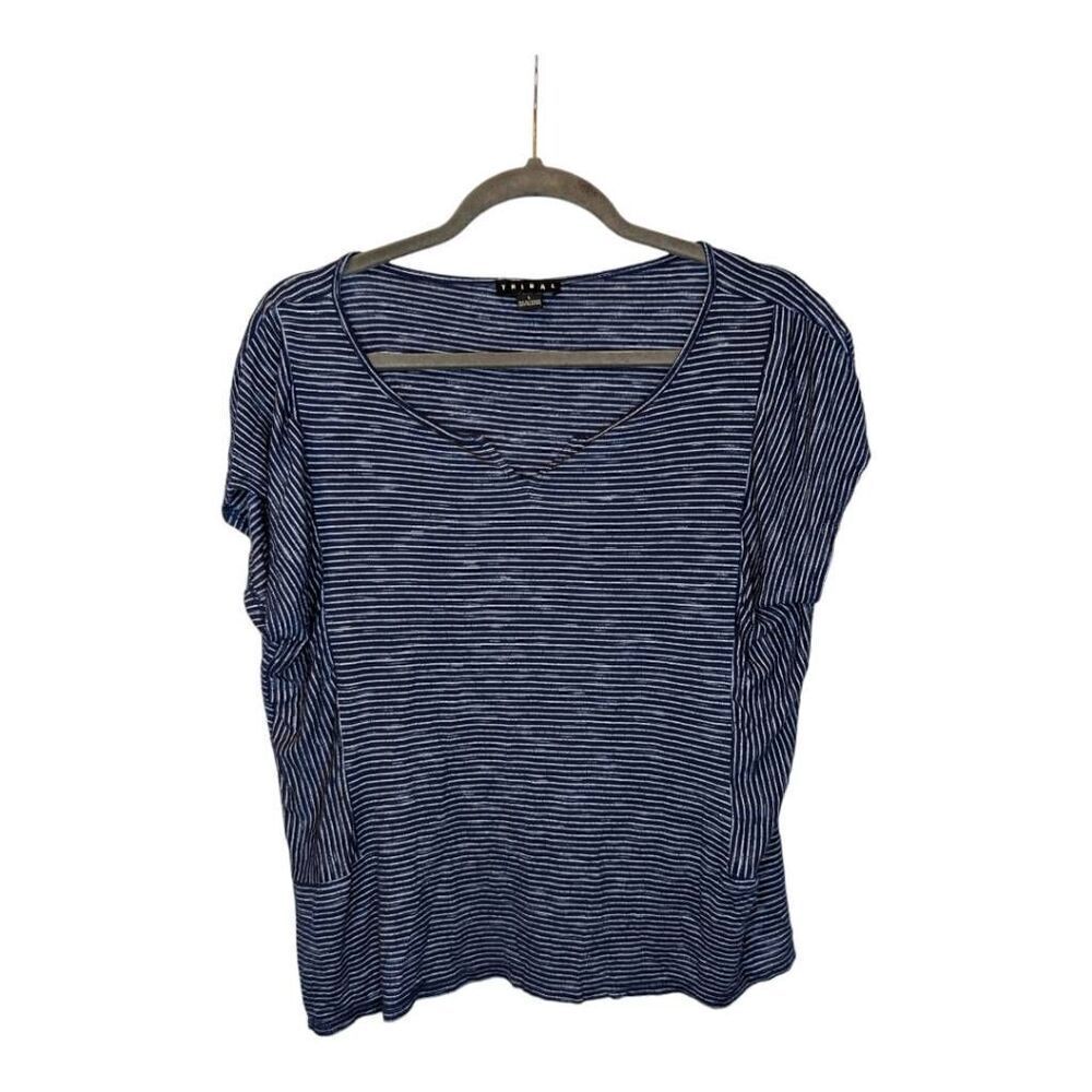 Tribal Short Sleeve Striped Blue and White Scoop Neck Blouse Women's Large